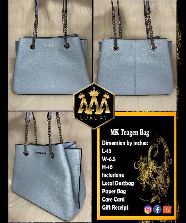 mk teagen powder blue (Category: Luxury Bags & Wallets) located in Pasig City. Submitted by triplealuxury (Listing ID 1117932012, Image 1). Description: ❓How to Order❓ ➖ DM or Message us ➖ Screen shot of the item ➖Color and size 🏍FREE Shipping Nationwide 🏍 Mk Teagen Bag ✅Layaway Plan available ✅Brand New ✅Actual Photo Dimension by inches: L-13 W-6.5 H-10 inclusions: Local dustbag Paper bag Care card Gift receipt .