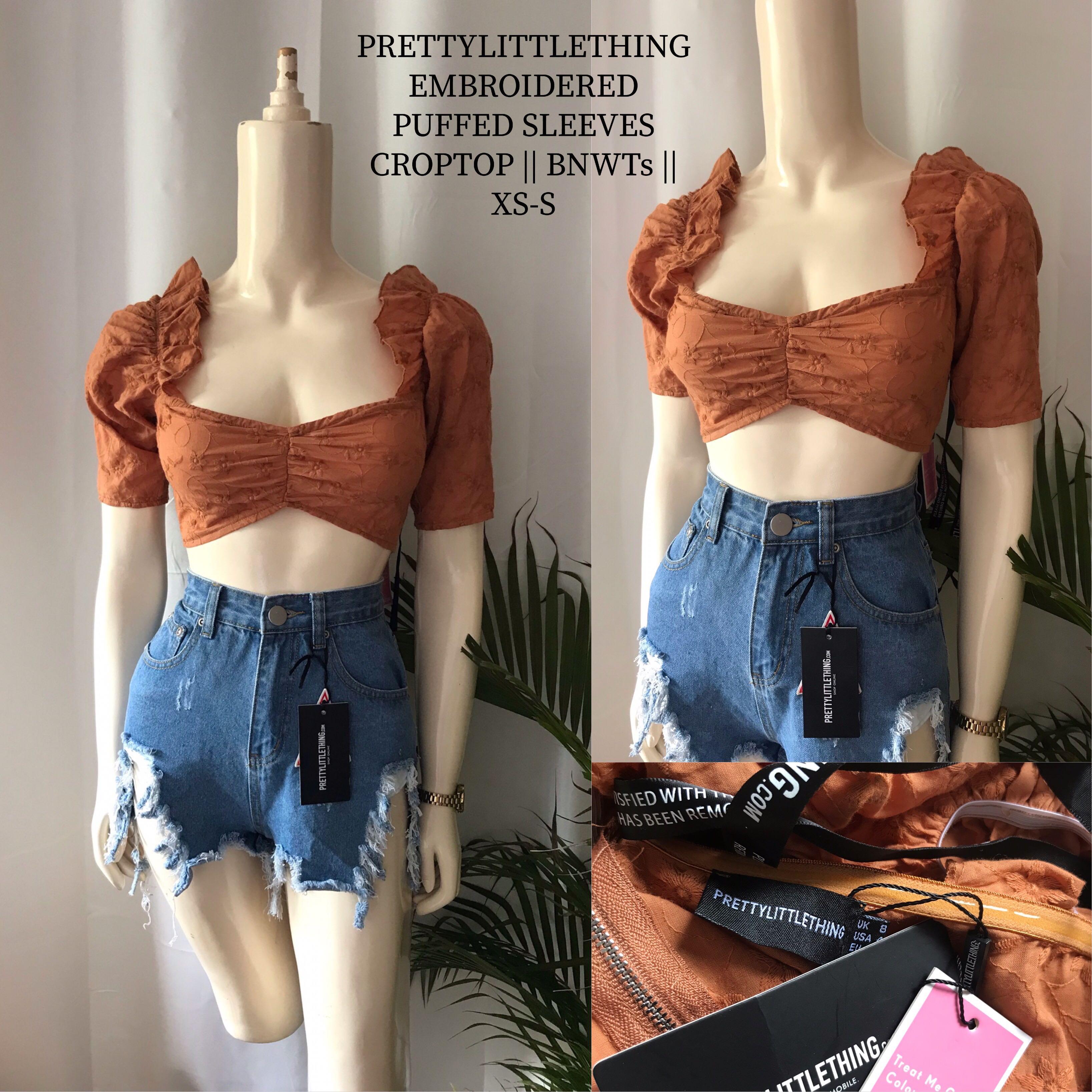 Prettylittlething eyelet puff croptop BNWTS, Women's Fashion ...