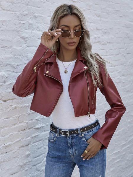 SHEIN Maroon Crop Leather Jacket