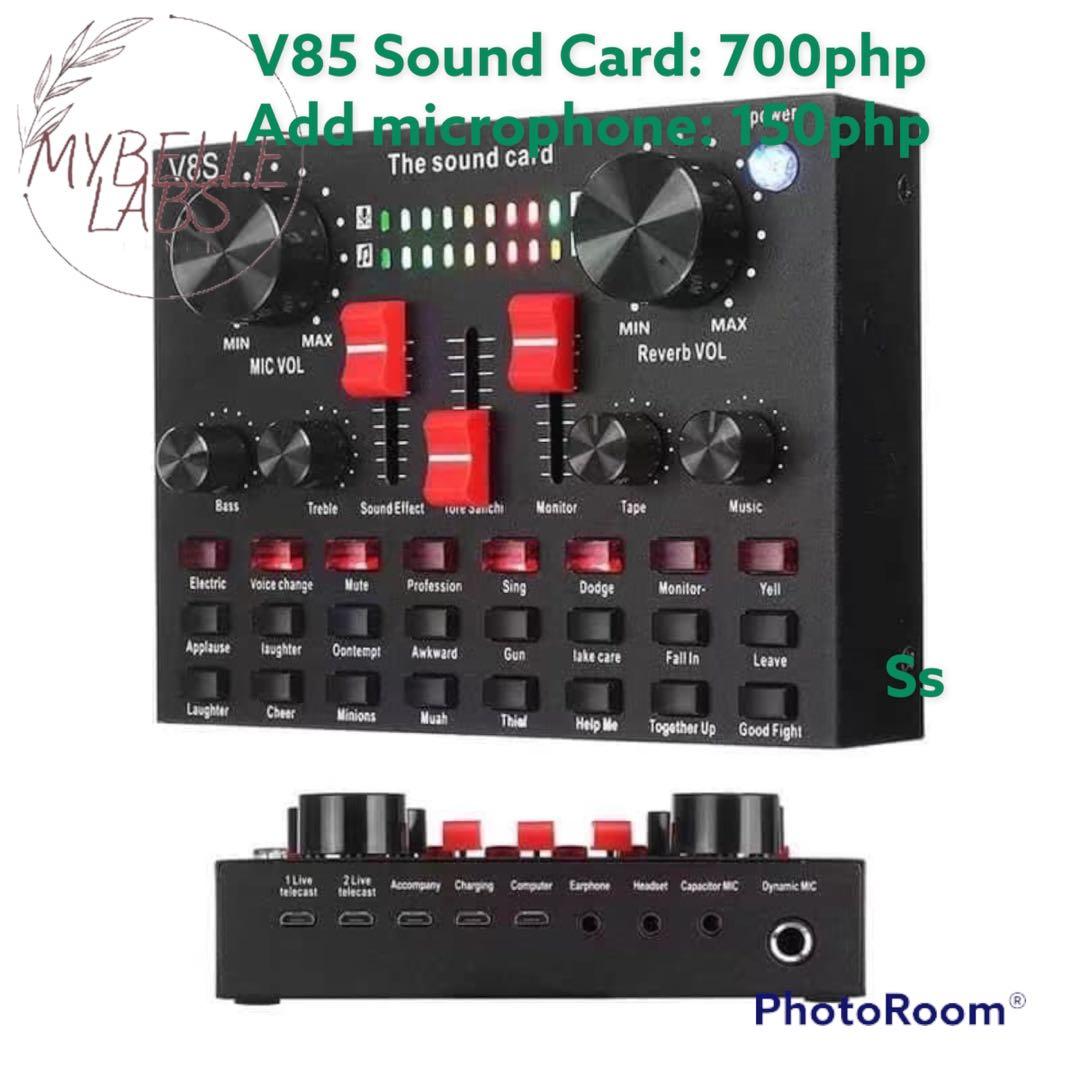 V85 Sound Card (Category: Soundbars, Speakers & Amplifiers) located in Cainta. Submitted by iubelle (Listing ID 1117958234, Image 1). Description: V85 sound card:700php Add Microphone: 150php Special Interface for round card. It is suitable for microphone with medium and small diaphragm on the market mobile phone and other interfaces. 16 live effects easy and funny live. Unique mixer design. Multiple tones. Cancellation of original sound #ss #v85