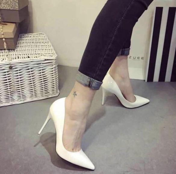 white pointed heels