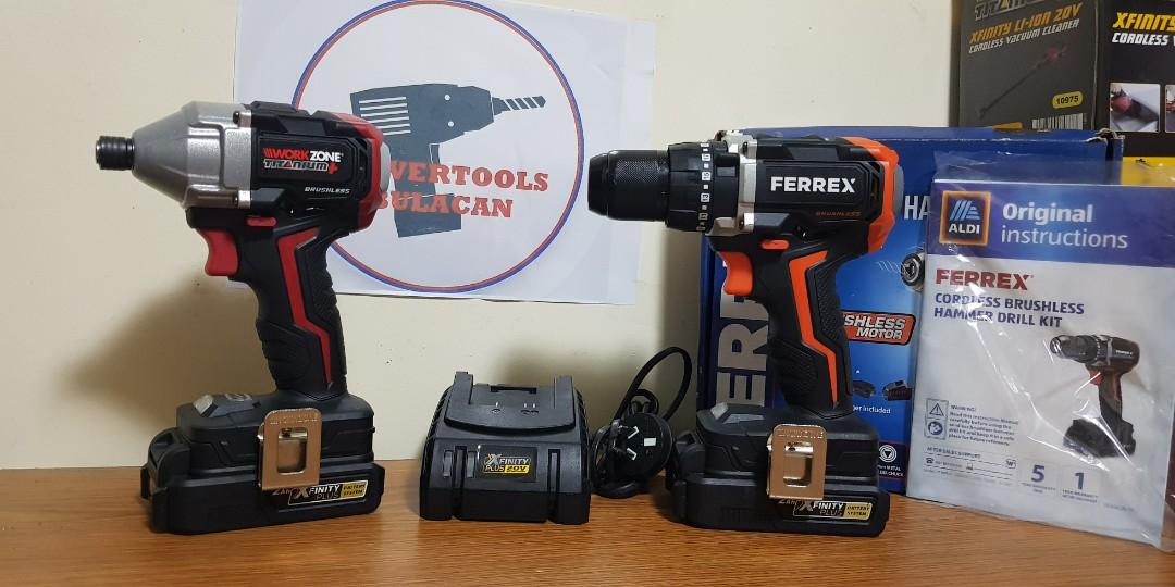 Workzone and ferrex cordless brsuhless hammer drill driver and impact