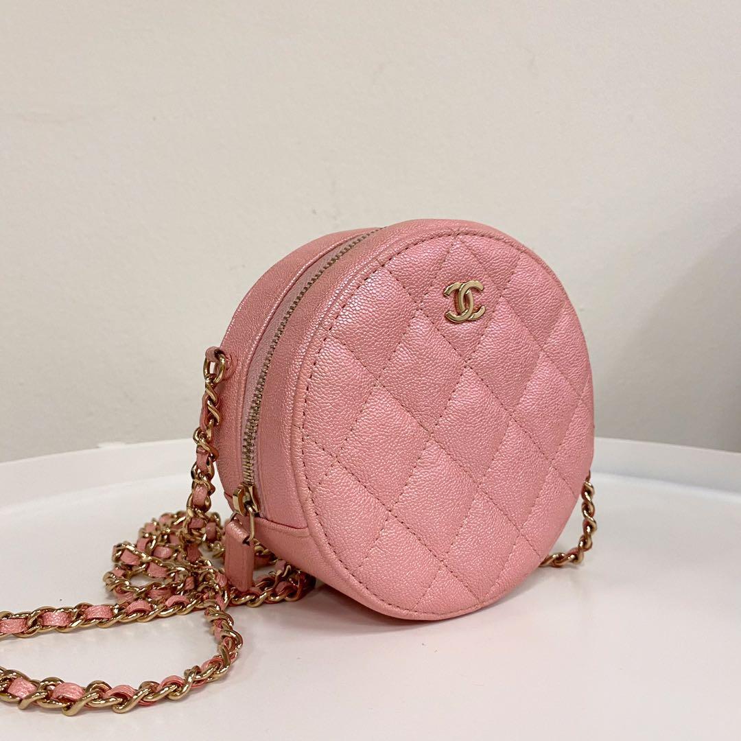 Authentic Chanel Iridescent Pink Round Clutch with Chain in Caviar and Gold  Hardware, Luxury, Bags & Wallets on Carousell