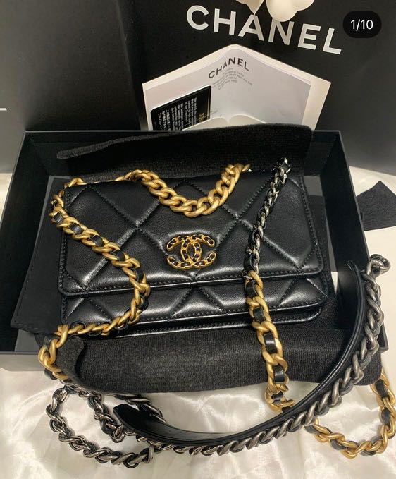 Chanel 19 Quilted Wallet on Chain WOC Grey Goatskin Mixed Hardware