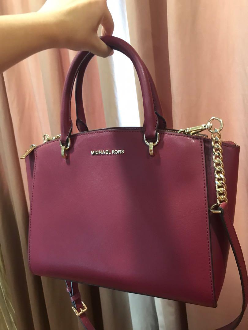 Michael Kors Leather Bag in Red Maroon Women s Fashion Bags