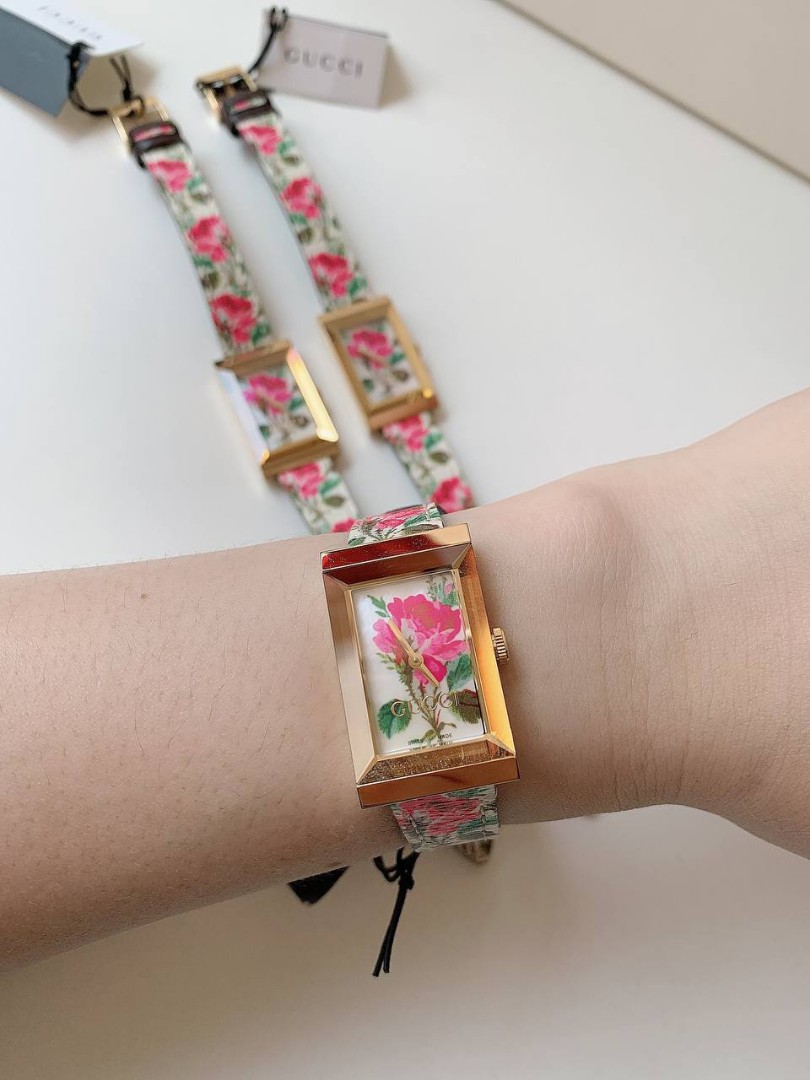 New GUCCI G-FRAME MOP BEIGE FLOWER GHW 