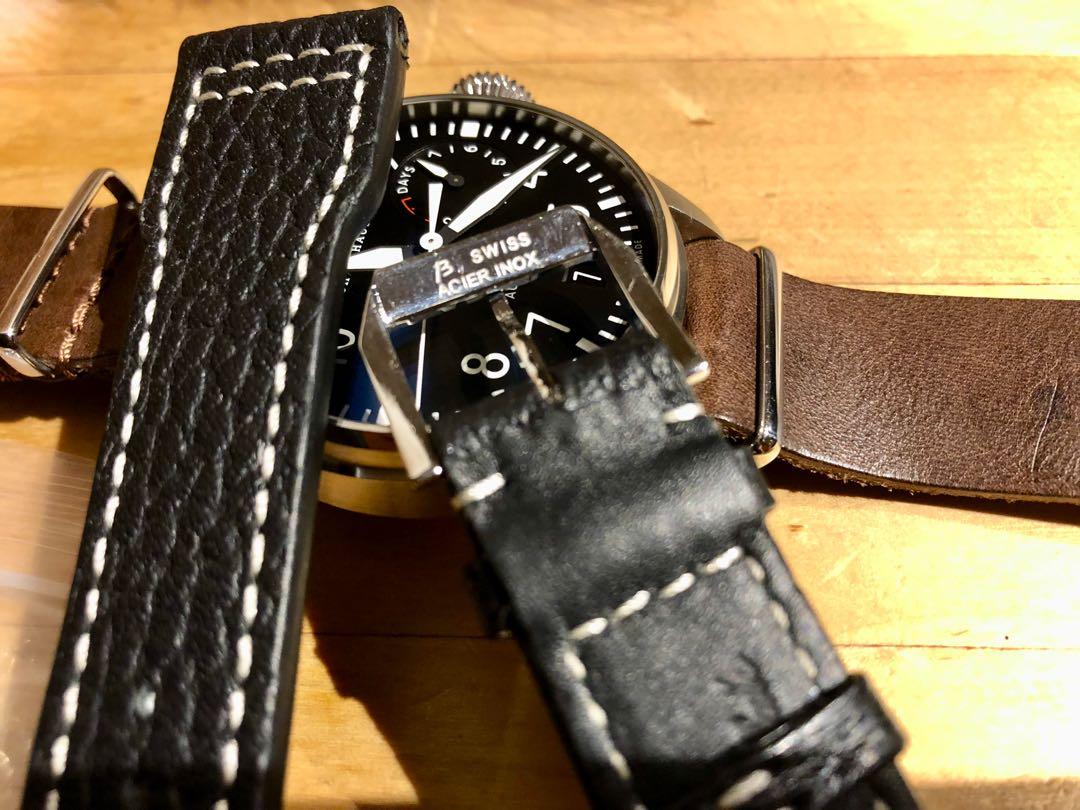 RIOS1931 TYPHOON IWC STYLE WATCH STRAP IN Black white stitch for IWC Big Pilot Flieger with aftermarket IWC tang buckle suitable for Hamilton Khaki