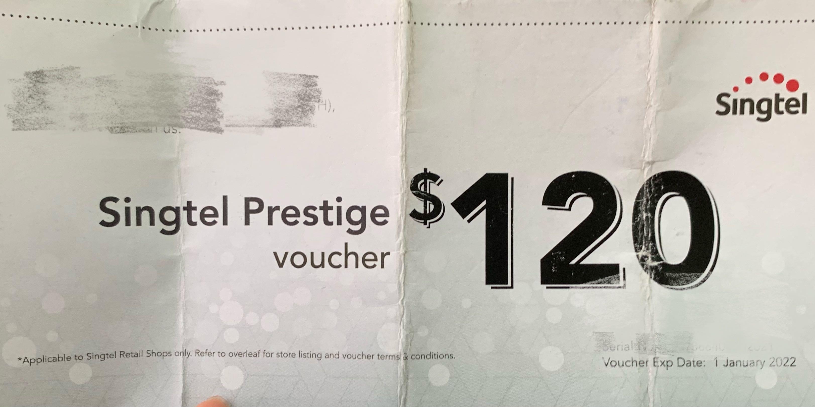 Singtel prestige voucher sgd 120, Tickets & Vouchers, Vouchers on Carousell