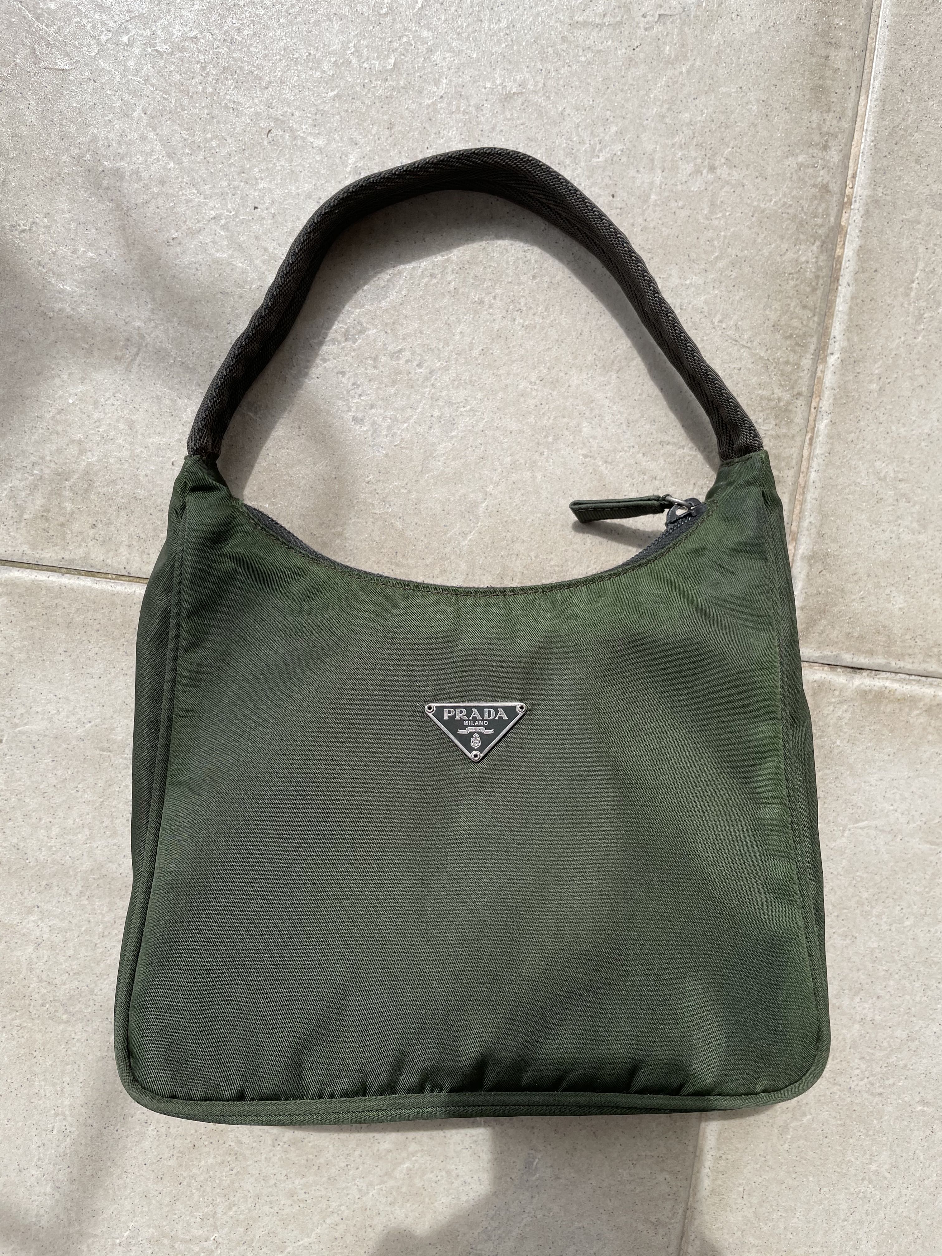 Prada Olive Green Nylon Metal Handle Hobo Prada