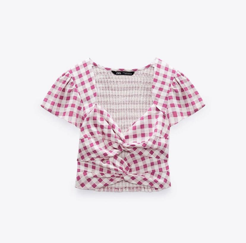 Zara Pink Gingham Top, Women's Fashion, Tops, Blouses on Carousell