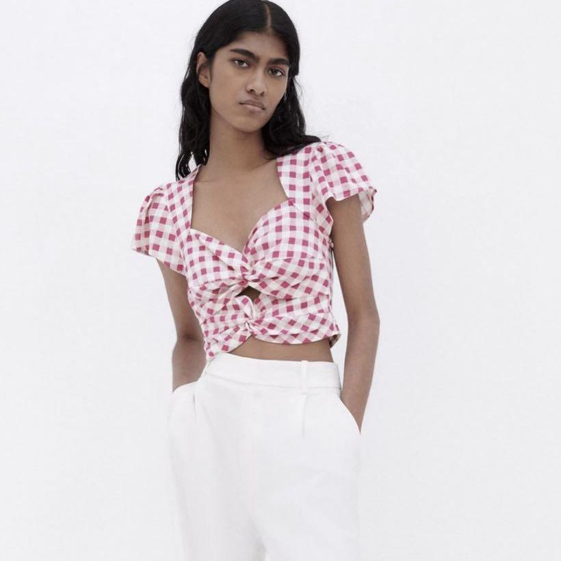 Zara Pink Gingham Top, Women's Fashion, Tops, Blouses on Carousell