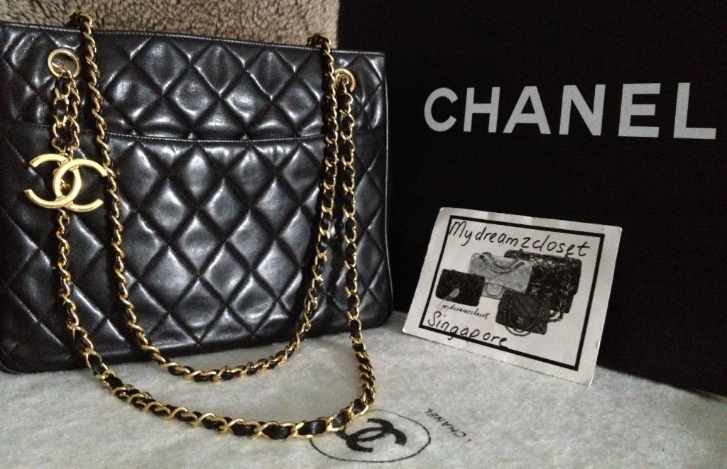 SOLD - CHANEL CLASSIC VINTAGE BLACK CALFSKIN TRIPLE CC 24K GOLD LOGO CHAIN TOTE  BAG - My Dreamz Closet