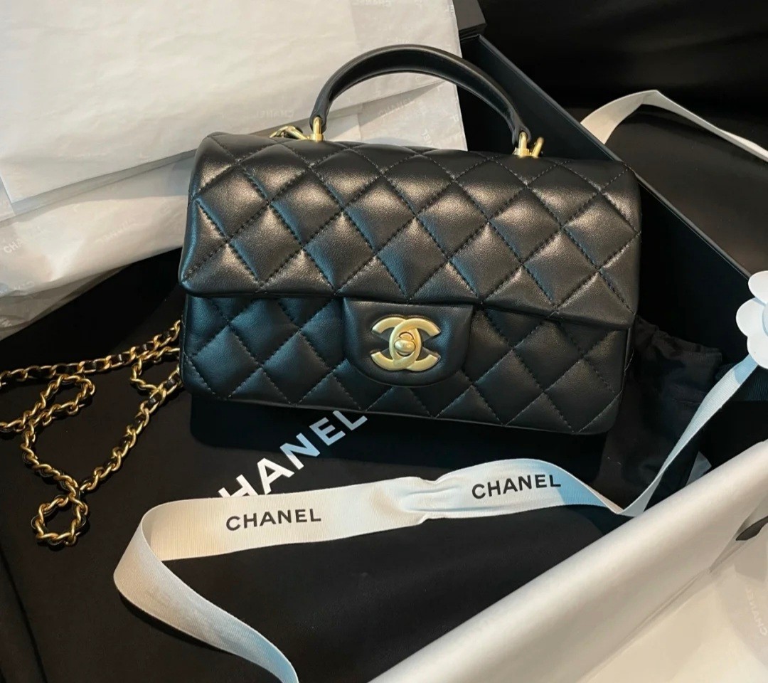 Chanel Mini rectangle with top handle in black LGHW, Women's Fashion ...