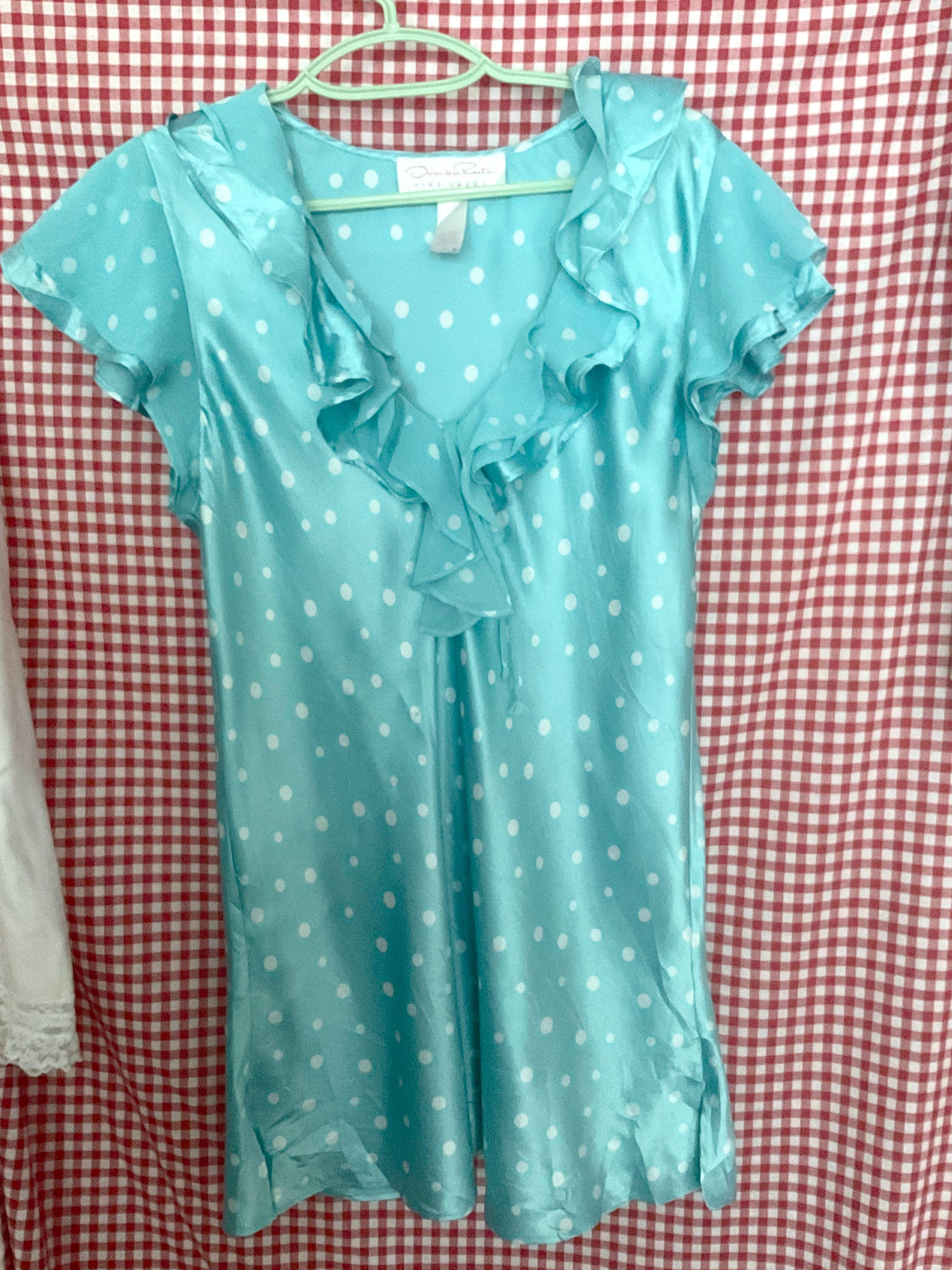Oscar de la renta pink label blue satin polka dot dress ...