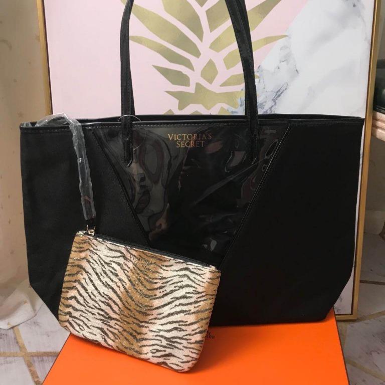 Victorias Secret Shimmer Clear V Tote Bag Carryall Purse Tiger Pouch SET -  New