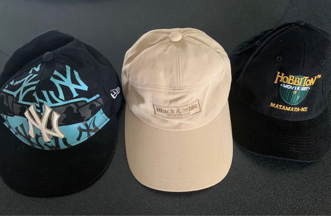 Assorted caps (Category: Caps & Hats) located in Singapore. Submitted by jcneo (Listing ID 1118463202, Image 1). Description: 1) New York Yankees Baseball Cap (USA) 2) Black & White Sportswear Cap (Japan) 3) Hobbiton Cap (NZ).