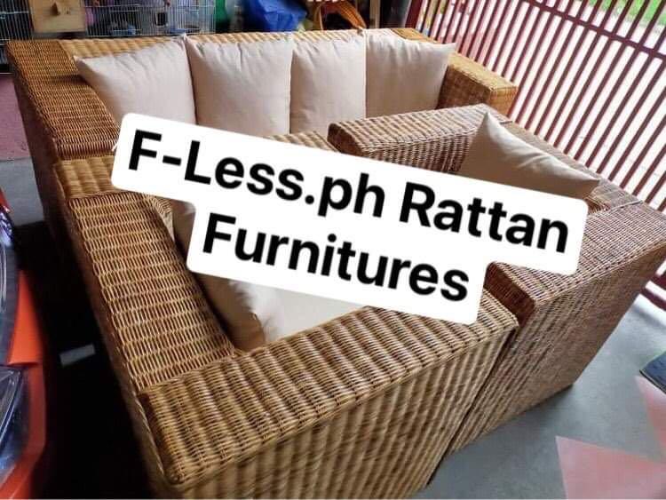 Authentic Rattan Sala set (Category: Sofas) located in Paranaque City. Submitted by FLess.ph (Listing ID 1118495430, Image 1). Description: Rattan Sala set Made or Real Rattan Dimension Sofa 74x28 inches Single chair 33x28 inches Table 30x30 inches No top glass included Color of the cover of the cushion can be chosen! ❤️.