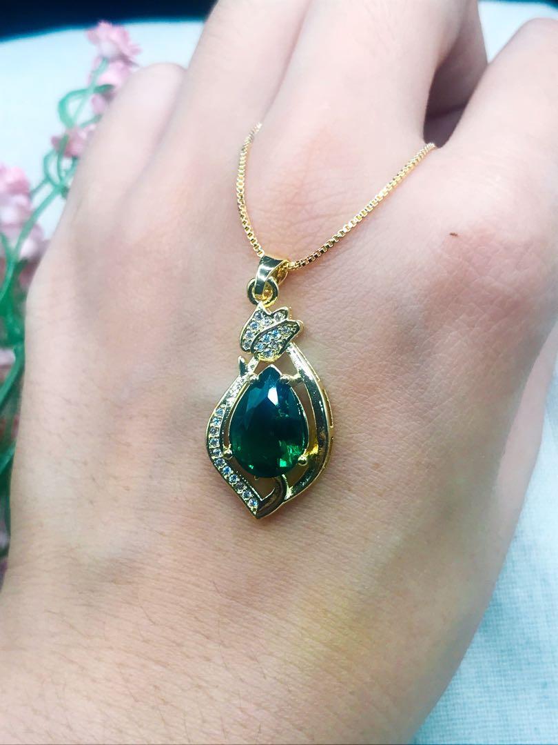 Emerald Green Jade 18KWGP Crystal Women Lady Girl Long Pendant Chain Necklace