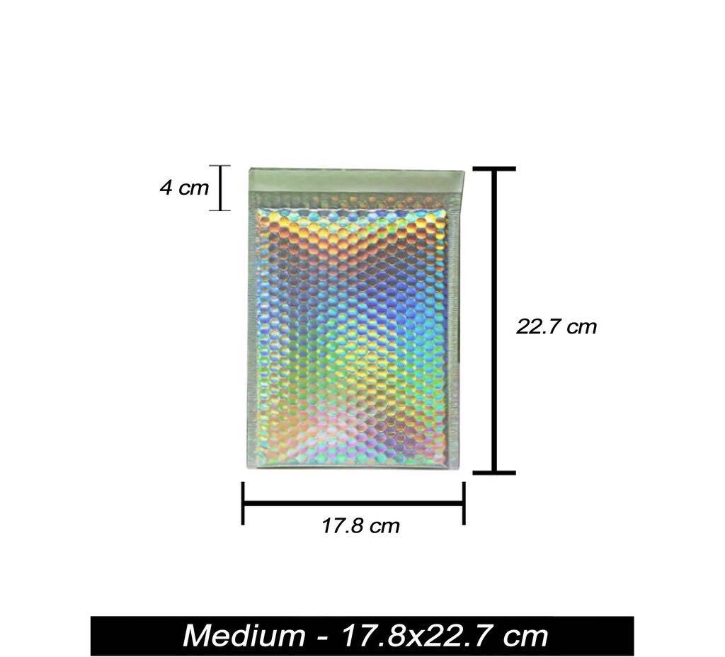 HOLOGRAPHIC LASER BUBBLE MAILER WRAP PADDED ENVELOPE (Category: Craft Supplies & Tools) located in Quezon City. Submitted by heyitskhen (Listing ID 1118515586, Image 3). Description: XSmall-15 Small-18 Medium-25 Large-29 Min of 10pcs Other colors: Peach, Pink, Blue, Black, Yellow .