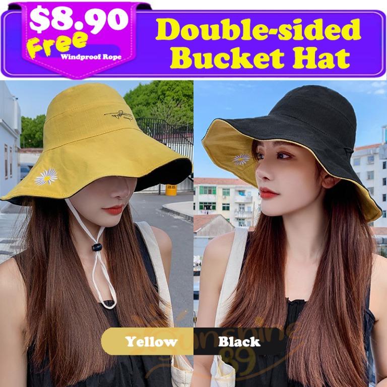 INSTOCK Bucket Hat Cap Reversible Korean Fisherman Hat Wide Brim Fishing  Sun Hats with Free String Double Sided Colour UV Protection Cap Hiking  Outdoor Sports Foldable Hats Woman Lady Girl, Women's Fashion
