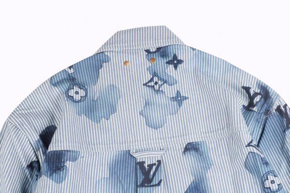 LV 2021 Striped Monogram Workwear Denim Shirt, Men's Fashion, Tops