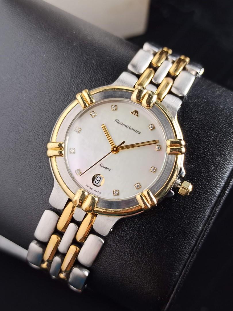 Maurice Lacroix Aikon Date (Category: Luxury Watches) located in San Juan City. Submitted by MW_888 (Listing ID 1118496501, Image 3). Description: For sale Maurice Lacroix Aikon Two tone, mother of pearl dial with diamonds Quartz 36mm 9/10 condition Inclusions : watch, original ML bracelet with complete links, presentation box / handcrafted leather pouch 42k asking, negotiable and free shipping 😊.