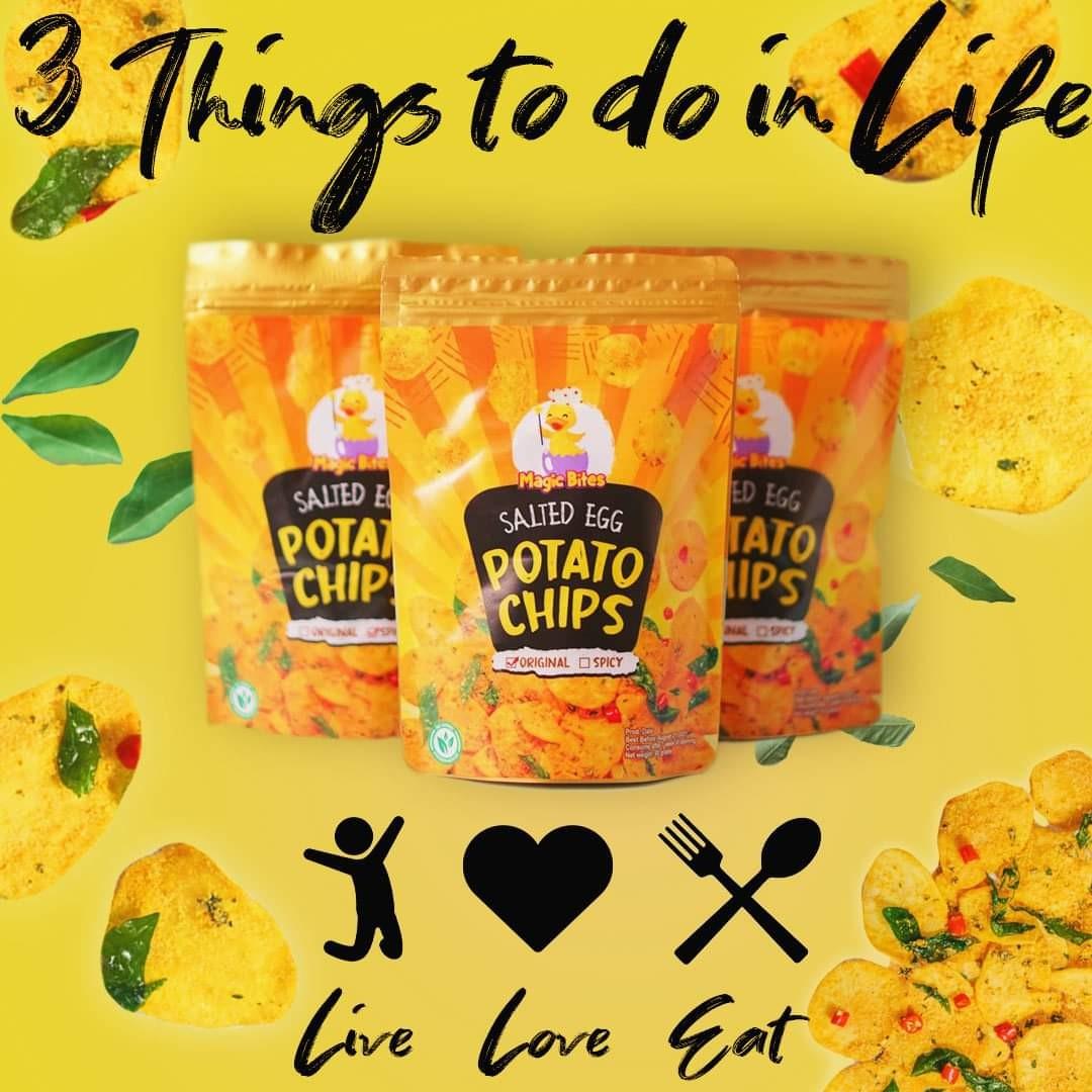 Salted Egg Potato Chips (Category: Packaged & Instant Food) located in Quezon City. Submitted by mf143 (Listing ID 1118481472, Image 1). Description: Resellers Welcome‼️ Magic Bites Salted Egg Potato chips- 160 Buy2 for 300 (Save 20) Available flavors: Original & Spicy Salted egg Chicken skin Bucheron- 150 Available flavors: Original, Spicy, & Salted Egg.