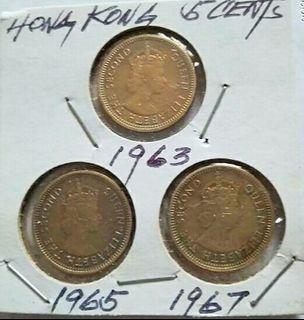 Set of 3 Coins: Hong Kong, 5 Cents 1963, 1965 & 1967, Queen Elizabeth II (1st portrait)-Security edge, KM29.1, extremely fine condition