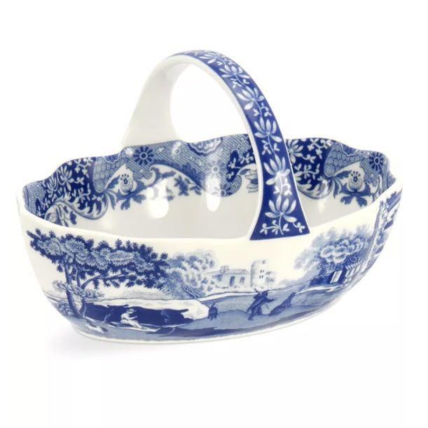 Spode Dinnerware, Blue Italian Handled Basket (Category: Other Kitchenware & Tableware) located in Navotas City. Submitted by Tintin2509 (Listing ID 1118529692, Image 2). Description: With a quaint country scene and the Imari Oriental border of Spode's Blue Italian dinnerware, this porcelain basket lends distinct old-world charm to traditional tables. Dimension: 6" Porcelain Dishwasher, microwave and freezer safe Imported.