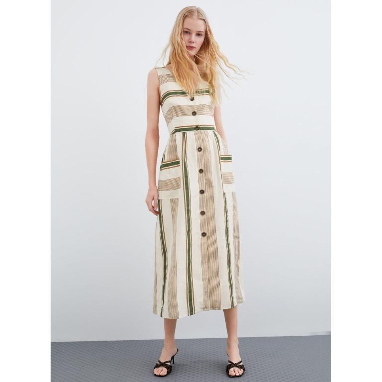 Zara Beige Green Striped Shirt Dress Women s Fashion Dresses