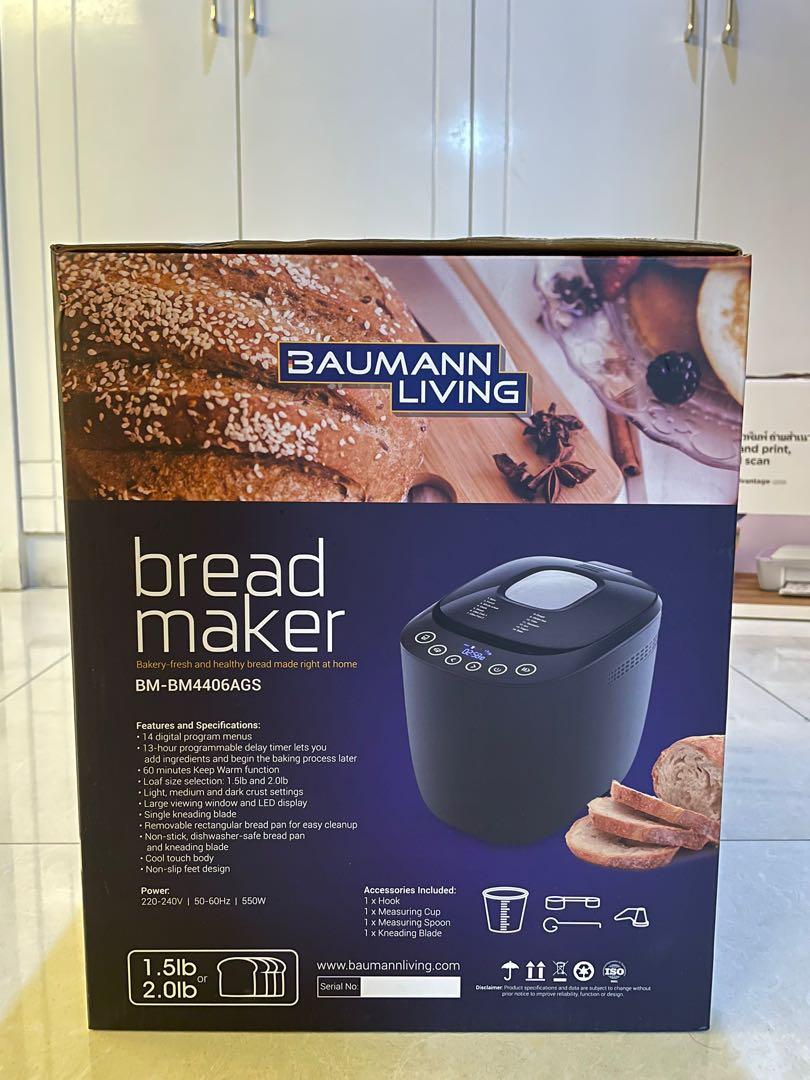 Baumann Living Bread Maker (Category: Breadmakers) located in Manila. Submitted by jeanette_012 (Listing ID 1123044057, Image 2). Description: Features and Specifications: • 14 digital program menus • 13-hour programmable delay timer lets you add ingredients and begin the baking process later • 60 minutes Keep Warm function • Loaf size selection: 1.5lb and 2.0lb • Light, medium and dark crust settings • Large viewing window and LED display • Sing