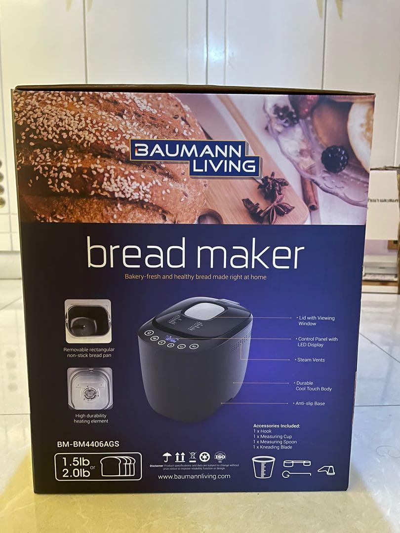 Baumann Living Bread Maker (Category: Breadmakers) located in Manila. Submitted by jeanette_012 (Listing ID 1123044057, Image 3). Description: Features and Specifications: • 14 digital program menus • 13-hour programmable delay timer lets you add ingredients and begin the baking process later • 60 minutes Keep Warm function • Loaf size selection: 1.5lb and 2.0lb • Light, medium and dark crust settings • Large viewing window and LED display • Sing