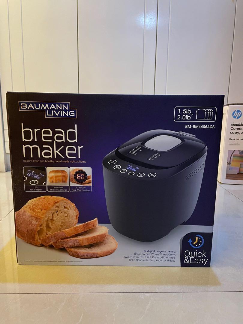 Baumann Living Bread Maker (Category: Breadmakers) located in Manila. Submitted by jeanette_012 (Listing ID 1123044057, Image 1). Description: Features and Specifications: • 14 digital program menus • 13-hour programmable delay timer lets you add ingredients and begin the baking process later • 60 minutes Keep Warm function • Loaf size selection: 1.5lb and 2.0lb • Light, medium and dark crust settings • Large viewing window and LED display • Sing