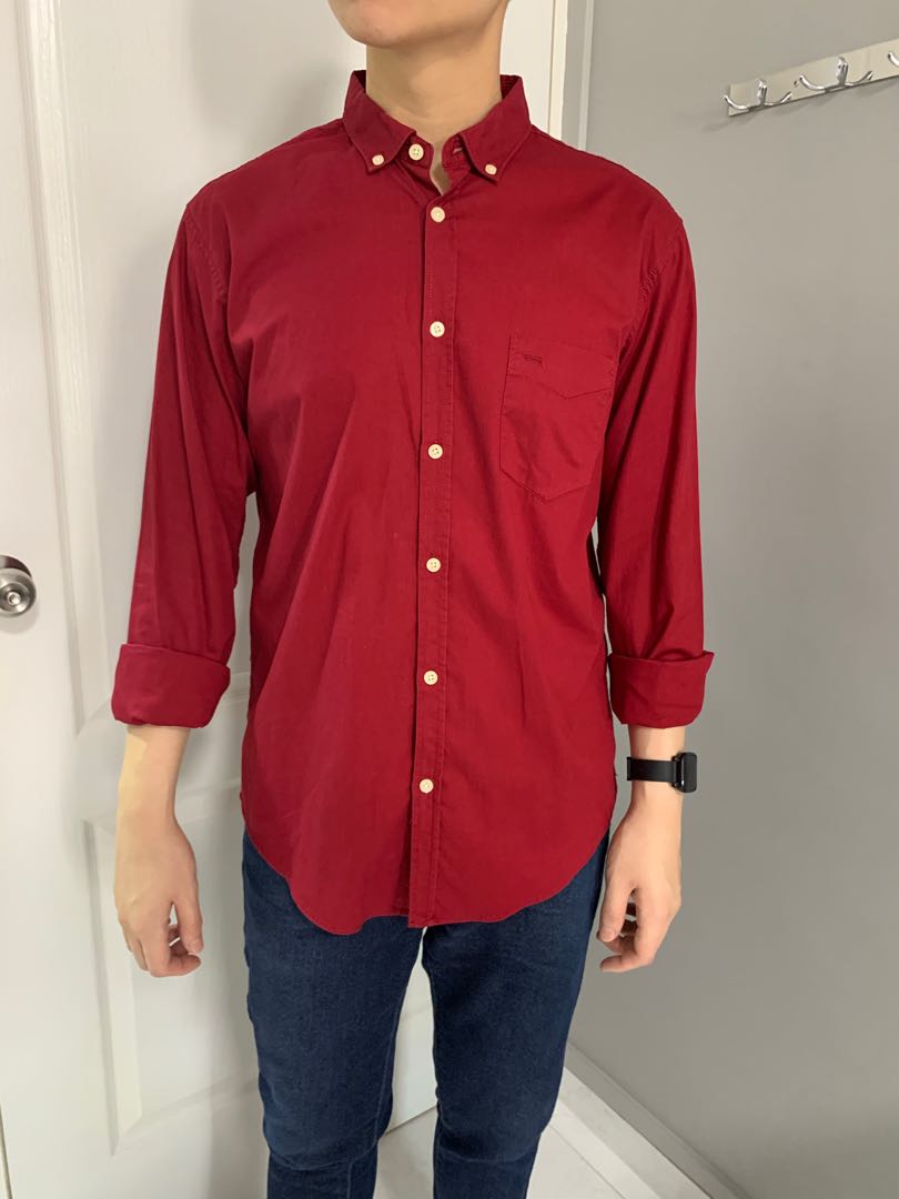 Red button up long sleeve shirt shop