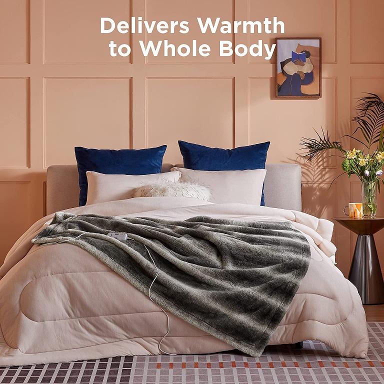 Heated Blanket Low Voltage 50 60 Throw Size Faux Fur Electric Blanket 4 Heating Levels Auto Shut Off with 2 4 8 10 Hour Embossed Plush Throw Blanket for Couch Grey 50 60 Furniture