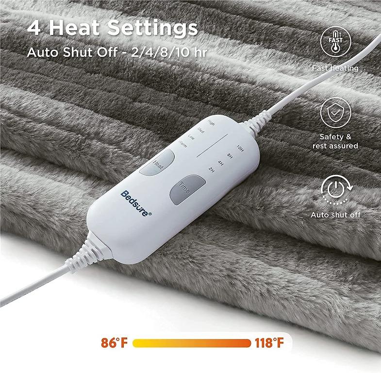 Heated Blanket Low Voltage 50 60 Throw Size Faux Fur Electric Blanket 4 Heating Levels Auto Shut Off with 2 4 8 10 Hour Embossed Plush Throw Blanket for Couch Grey 50 60 Furniture