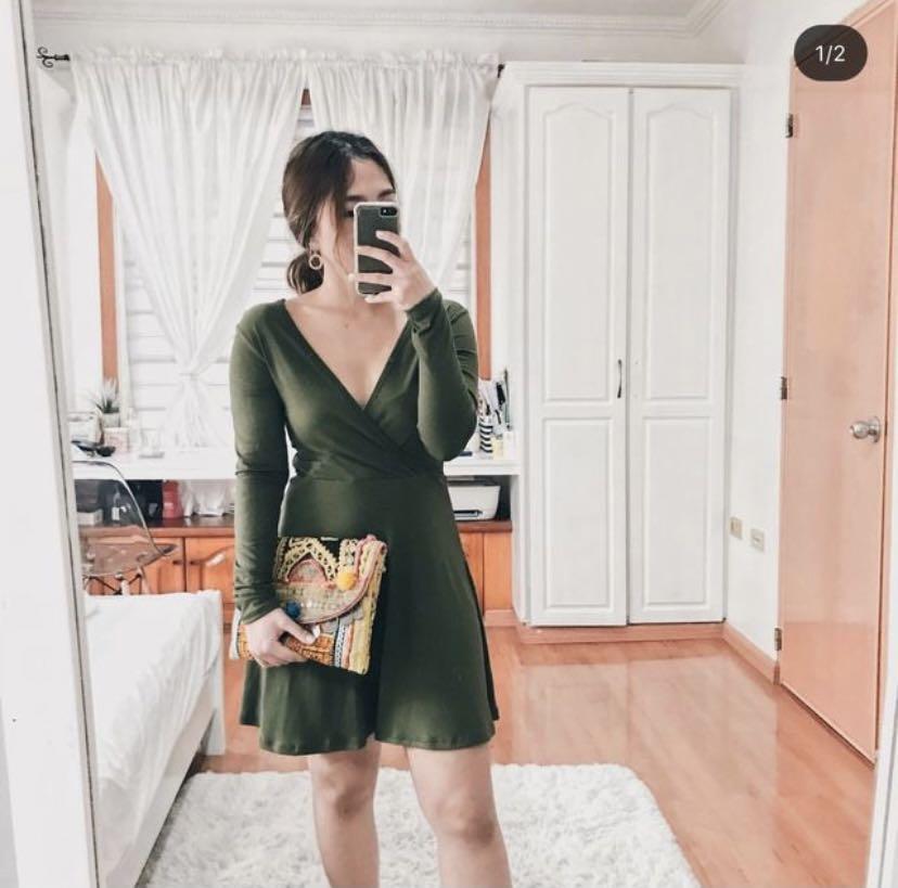 Overlap Long sleeve Dress in Army Green