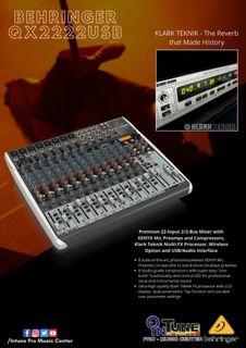 Behringer QX2222usbPremium 22-Input 2/2-Bus Mixer with XENYX Mic Preamps and Compressors, Klark Teknik Multi-FX Processor, Wireless Option and USB/Audio Interface