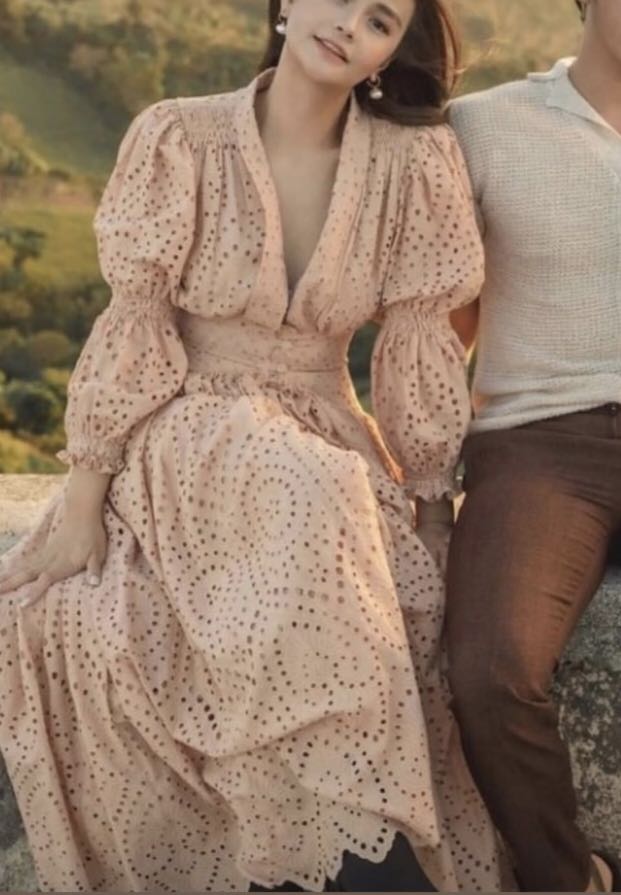 BKK Long Sleeve Eyelet Dress in Beige 