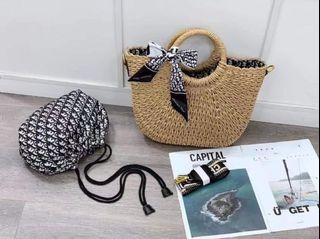 CD wicker handbag with strap and free twilly