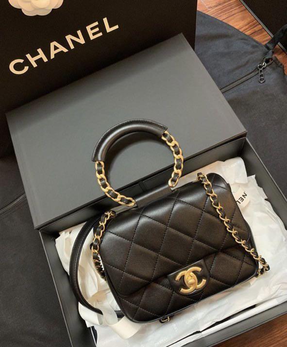 Chanel Black Top Handle Mini Square Flap Bag, Women's Fashion