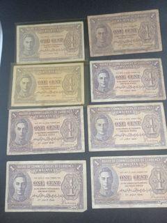 Malaya 1cent 5cents and 10cents note