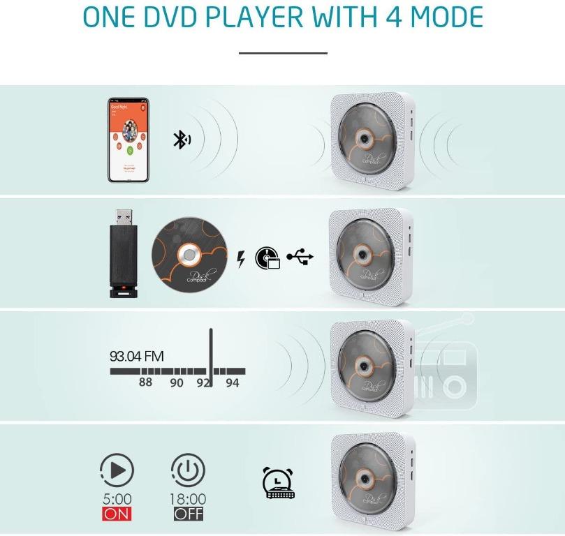 Portable DVD Player, Bluetooth 4.2 Wall Mount CD/DVD Bluetooth Audio and Video Playback With