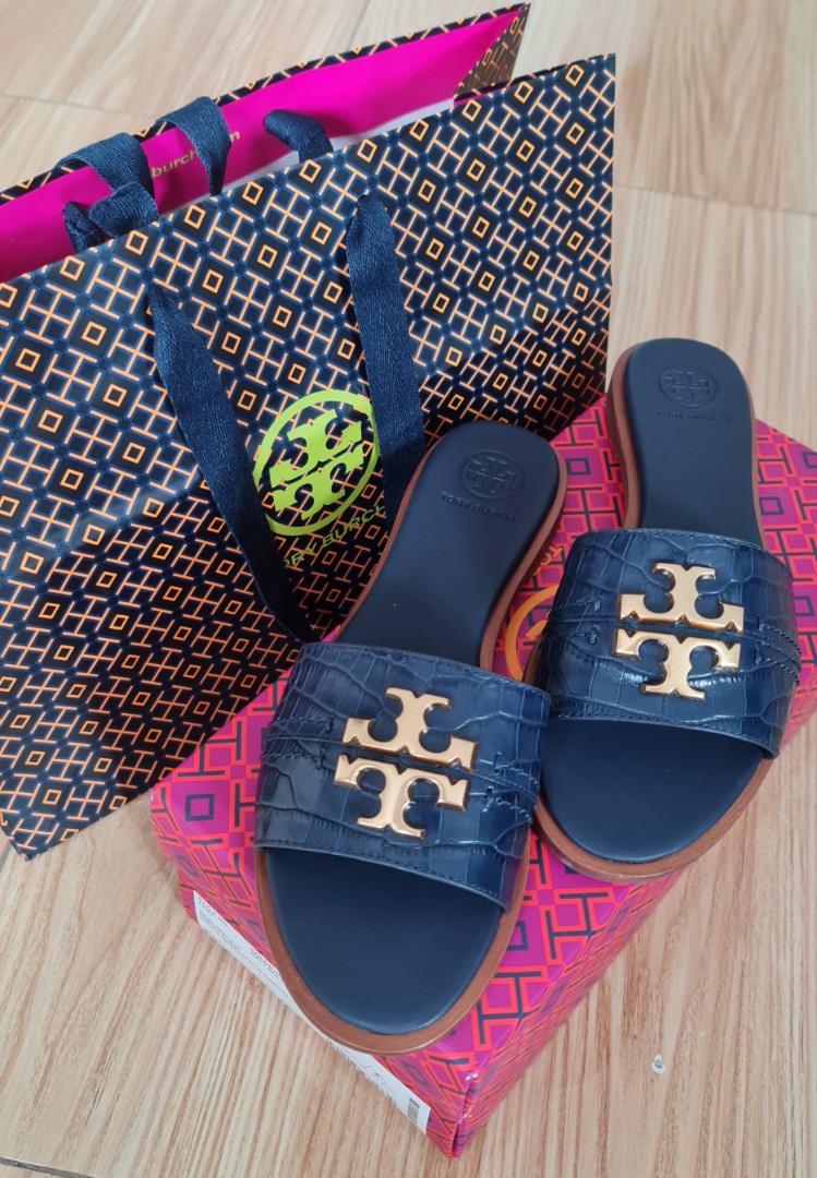 Tory Burch Everly Slides | Croco Emboss | Navy Blue | Size , Women's  Fashion, Footwear, Flats & Sandals on Carousell