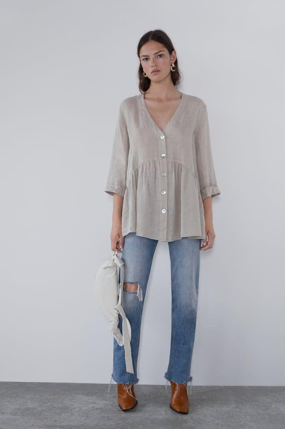 ZARA linen blouse with buttons, Fesyen 