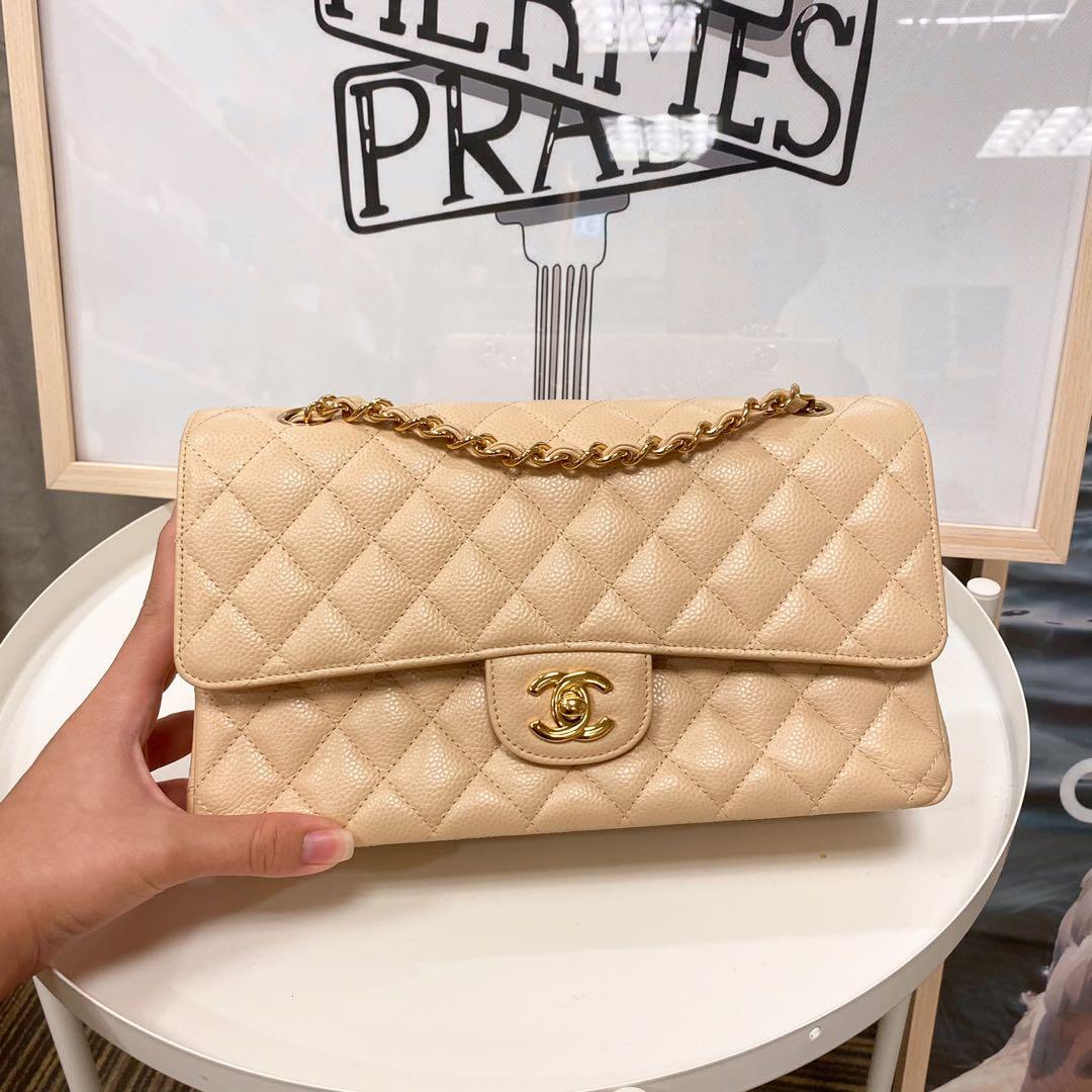 Chanel Classic Medium Double Flap in Beige Clair Caviar Leather , Luxury,  Bags & Wallets on Carousell