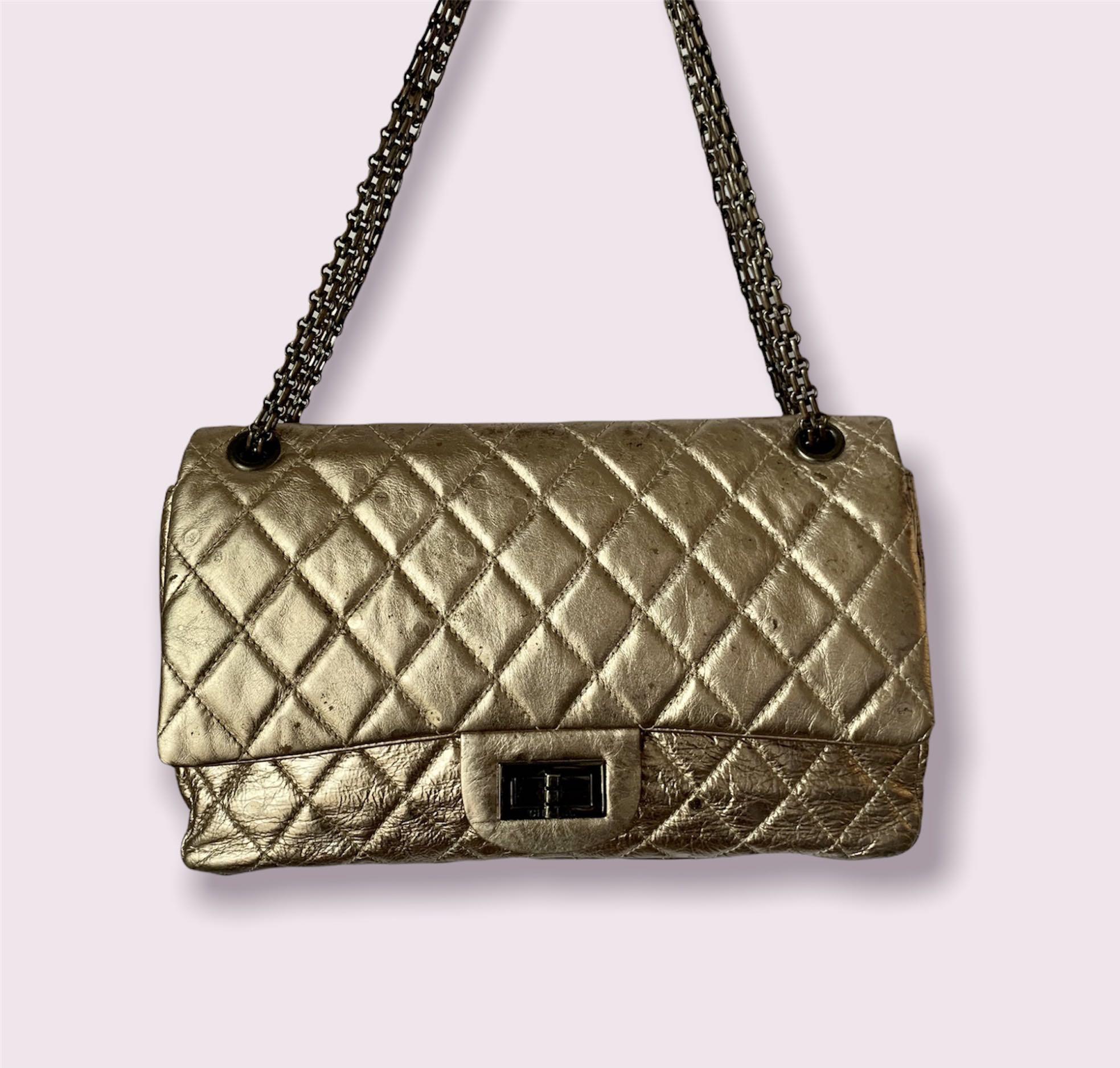 Chanel 2.55 Reissue 227 Shoulder Flap Bag Golden Metallic Raindrop Effect  Aged Calfskin Leather With Datecode Serial Number