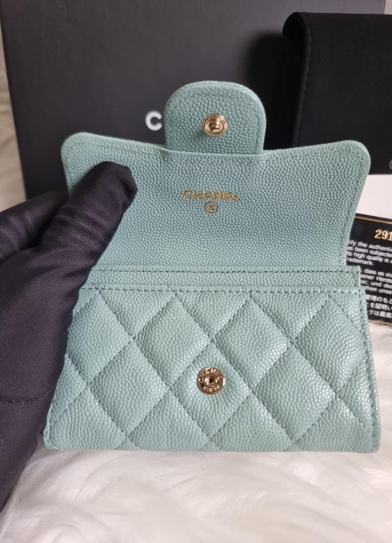 Chanel classic flap caviar leather card holder mint green tiffany blue  wallet, Luxury, Bags & Wallets on Carousell