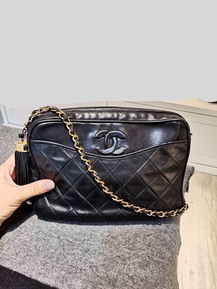 Chanel Vintage Tassel Charm Camera Bag Black Lambskin Gold