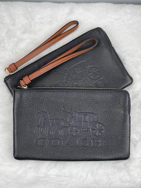 Coach Corner Zip Wristlet Large Horse Carriage Black in Leather
